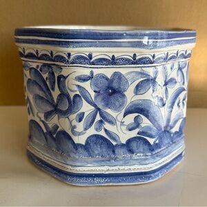 Portuguese Hand-Painted Blue + White Floral with Birds Octagonal Ceramic Planter